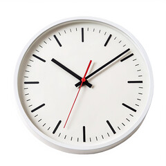 Modern wall clock showing time with black and red hands on a white face in a minimalist design isolated on transparent background