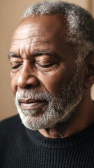 Portrait en gros plan d'un homme senior, aux yeux ferm&eacute;s, en pri&egrave;re