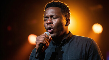Portrait d'un chanteur de gospel, les yeux ferm&eacute;s et une larme sur sa joue, baign&eacute; d'une lumi&egrave;re de sc&egrave;ne orange et chaude