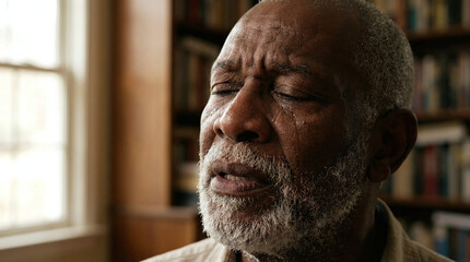 Gros plan d'un homme &acirc;g&eacute;, priant et pleurant, les yeux ferm&eacute;s et avec l'expression d'une intense &eacute;motion