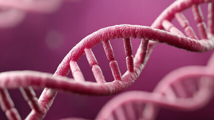 Close-up of DNA helix in pink, molecular structure.
