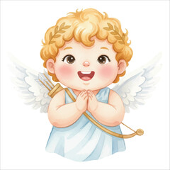 Cute Cupid Angel Clapping Watercolor Vector Illustration on White Background

