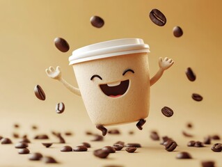 Happy Anthropomorphic Coffee Cup Jumping with Beans.