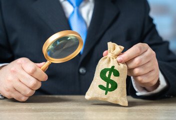 An official examines a dollar money bag with a magnifying glass. Budget assessment. Origin of...