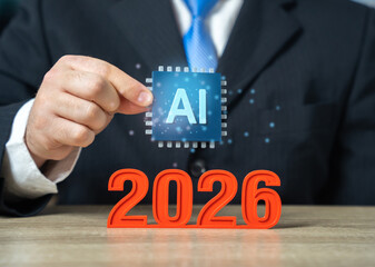 Obraz premium AI in 2026. Forecasts and Trends. Artificial Intelligence. Automation and machine learning. Business adoption, regulation and societal impact of intelligent systems.