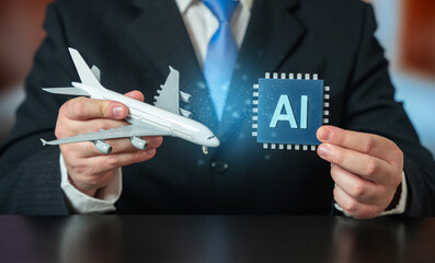 Implementation of AI in aviation and flight management. Airplane and AI microchip. Modern aviation technology integrates artificial intelligence to optimize flight routes, enhance safety © Andrii Yalanskyi
