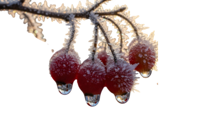 Frozen red berries glistening with hoarfrost and melting ice droplets on a cold winter morning