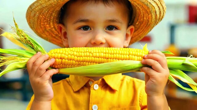 Young child wearing straw hat holding fresh sweet corn on the cob with bright yellow kernels and green husk showcasing harvest agriculture farming food nutrition summer fun outdoor activity healthy ea