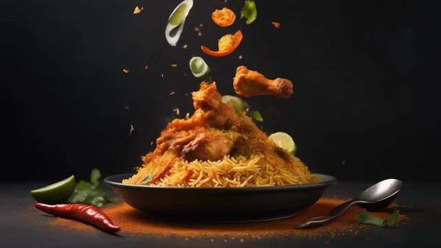 A Culinary Masterpiece Delectable Chicken Biryani Artfully Presented with a Cascade of Fresh Ingredients, a Feast for the Senses