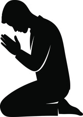 Black Silhouette of a Man Kneeling Down with Hands Clasped in Humble Prayer, Worship, or Meditation Gesture, Religious and Spiritual Vector Symbol Isolated on White.
