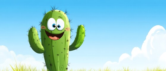 Happy Cartoon Cactus Waving in Sunny Landscape.