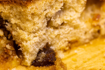 Macro texture of fluffy sponge cake with raisin detail