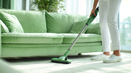 Fototapeta premium A woman in white pants is vacuuming a light green sofa at home, highlighting the cleaning process with a large window in the background
