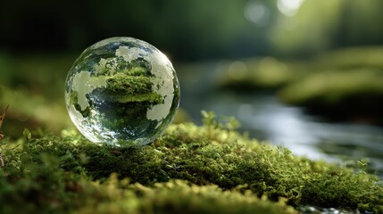 A glass globe sitting on top of a moss covered ground