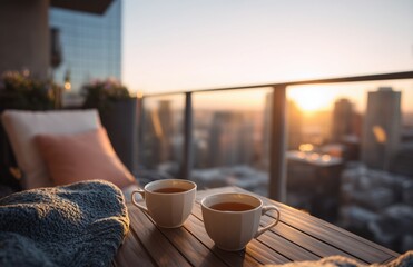 Fototapeta premium Two cups of coffee on balcony table at sunrise with city view
