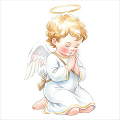 Cute Cupid Angel Praying Watercolor Vector Illustration on White Background
