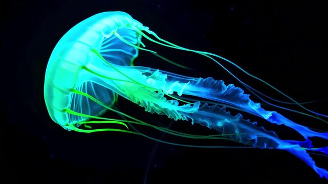 Bioluminescent jellyfish glowing neon blue and green against a deep black ocean background showcasing delicate tentacles and ethereal underwater marine life photography for nature art and deep sea exp