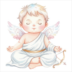 Cute Cupid Angel Meditating Watercolor Vector Illustration on White Background
