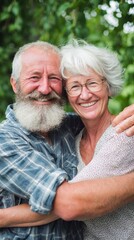 Happy Elderly Couple Embracing in Lush Garden Outdoors.
