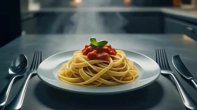 Freshly cooked tagliatelle pasta of spaghetti with steaming tomato sauce and basil on a modern kitchen table