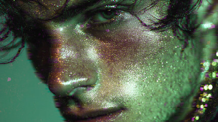 Glitter-covered face portrait with glitch effect, green lighting, macro cinematic aesthetic, digital noise, mysterious gaze, night, artistic.
