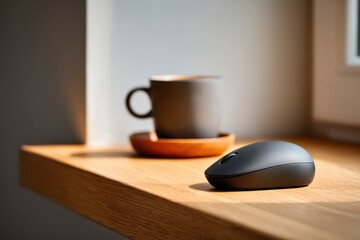 Black computer mouse and coffee cup on a wooden desk surface illuminated by natural light