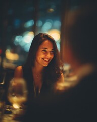 Fototapeta premium Elegant woman smiling during a romantic candlelit dinner in a restaurant, captured with soft bokeh and warm evening light.
