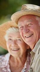 Happy Elderly Couple in Straw Hats Smiling Outdoors.