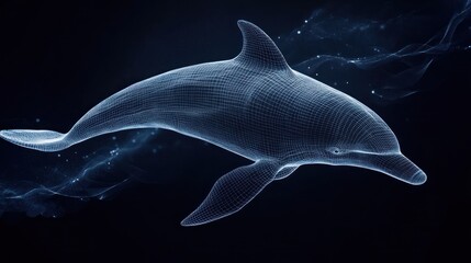 Abstract wireframe dolphin swimming in a dark ocean, futuristic background