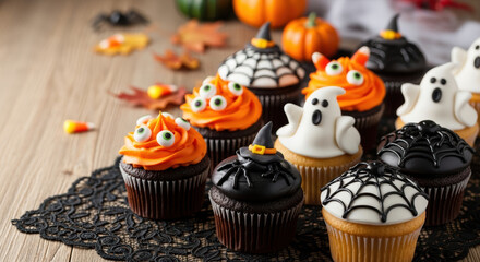 Halloween party cupcakes with spooky decorations. Assortment of monster, ghost, and witch themed desserts on a wooden table