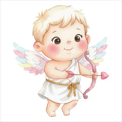 Cute Cupid Angel Drawing Watercolor Vector Illustration on White Background
