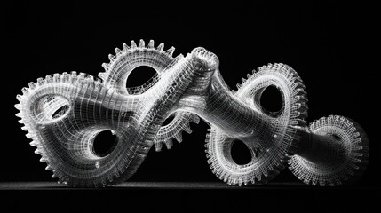 Abstract wireframe gears, complex design, dark background, conceptual art
