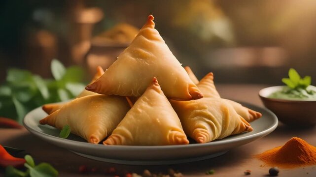 Delicious golden fried Indian samosas stacked on a plate with fresh spices