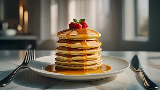 Delicious stack of golden pancakes with maple syrup and fresh raspberries