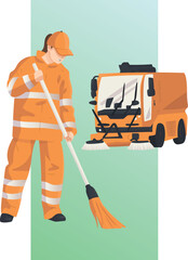 A female cleaner is sweeping the street with a broom. Behind her is a garbage bin.