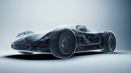 Abstract wireframe race car model on plain studio backdrop