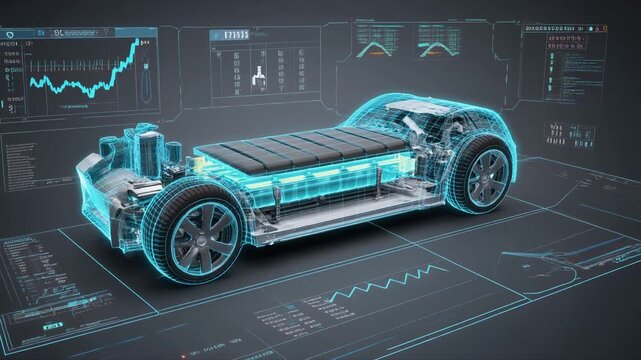 Detailed blueprint of an electric vehicle chassis, showcasing advanced battery technology and comprehensive engineering data for sustainable automotive innovation