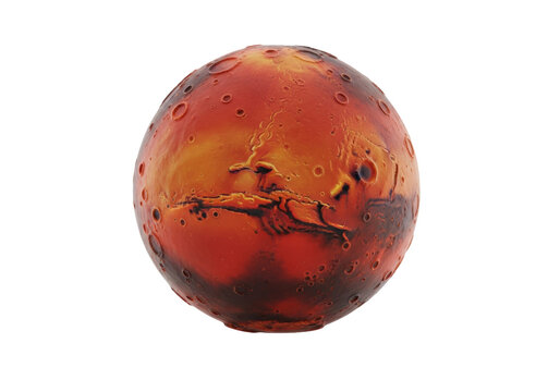 Detailed macro close-up of a hyper-realistic plasticine mars planet model, red earth tones, floating on a transparent background with copy space, concept of environmental stewardship