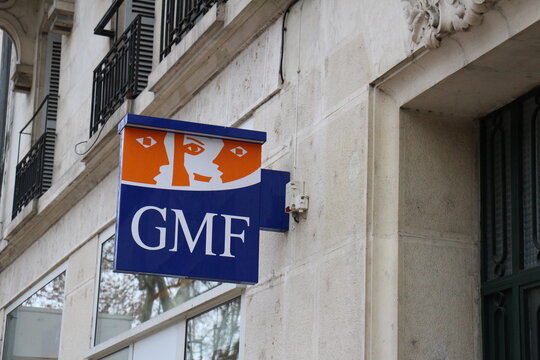 GMF sign orange and blue logo of french mutual insurance company for civil servants
