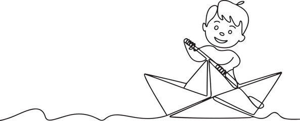 Continuous one line drawing cute smiling little boy sailing on paper boat.one line  vector illustration  with out background