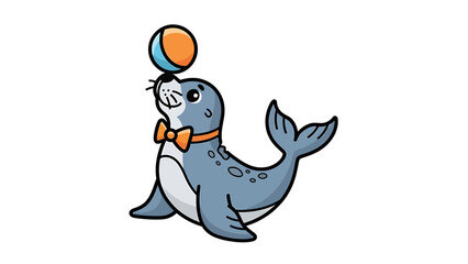Obraz premium A playful seal balancing a colorful ball on its nose, adorned with a bow tie, showcasing a delightful circus performance
