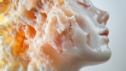 Abstract woman's face,  organic textures,  light background,  art,  possible use in cosmetics