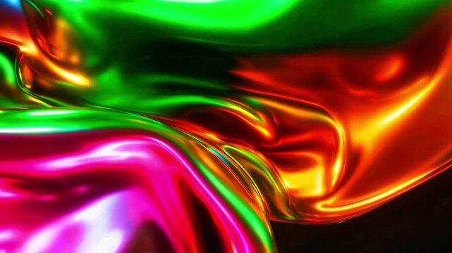 Abstract liquid metal surface flowing vibrant iridescent colors magenta green orange chrome holographic texture background digital art futuristic wallpaper dynamic glossy waves smooth reflection