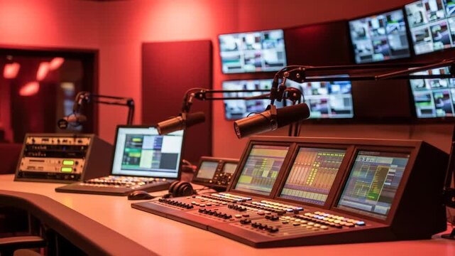 Empty modern broadcast studio with advanced control panel and microphones.