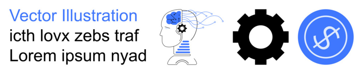 Technology integration, financial growth, mental processes, automation, innovation, economy. Human head with a gear, dollar sign and binary data. Technology integration and financial growth