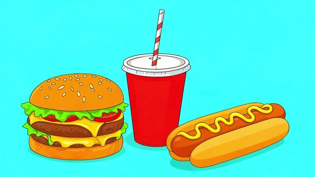 Fast food meal combination hamburger hotdog soda drink beverage junk food icon graphic illustration cartoon style bright blue background unhealthy eating concept quick service restaurant menu item cra