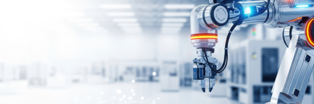 Robotic arm in a smart factory for industry 4.0. Modern industrial automation and manufacturing technology concept. Wide banner with copy space