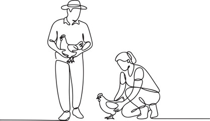 Single one line drawing of man farmer carried the chicken with both hands. The female farmer knelt down to pick up the chicken.one line  vector illustration  with out background