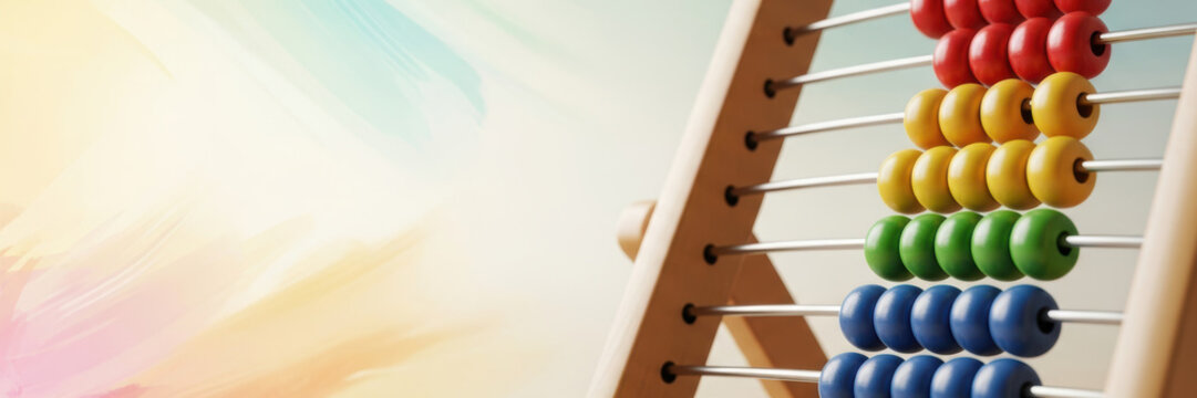 Colorful wooden abacus with beads for learning math. Classic counting tool for education and arithmetic. Banner background with copy space - Powered by Adobe