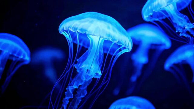 Bioluminescent jellyfish swimming in deep dark ocean water glowing ethereal blue light underwater marine life ecosystem aquatic creature cnidarian tentacles bell shape mesmerizing vibrant glow deep se